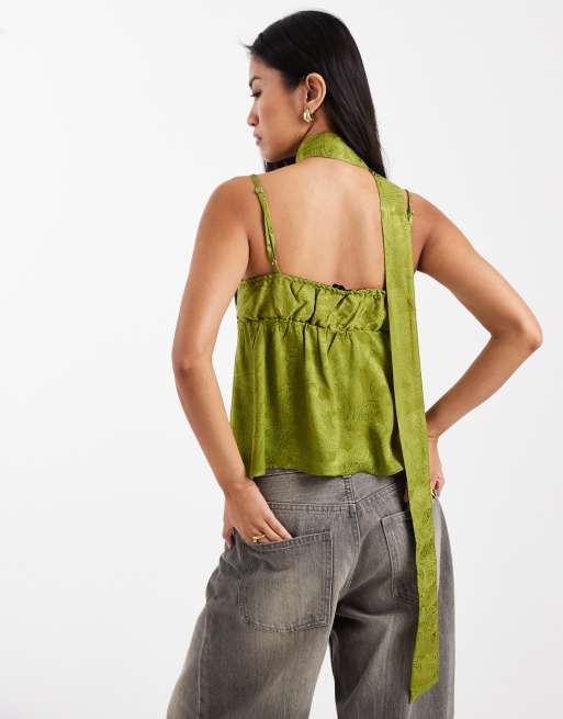 Miss Selfridge - Cami van jacquard en kant met sjaal in groen, 3 van 4