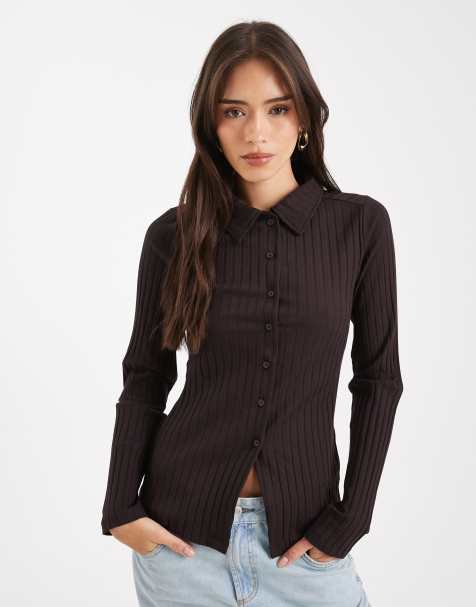 Miss Selfridge - Camicia a coste color cioccolato con colletto - view 1