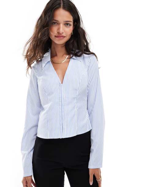 Miss Selfridge - Camicia aderente azzurra a righe in popeline - view 1