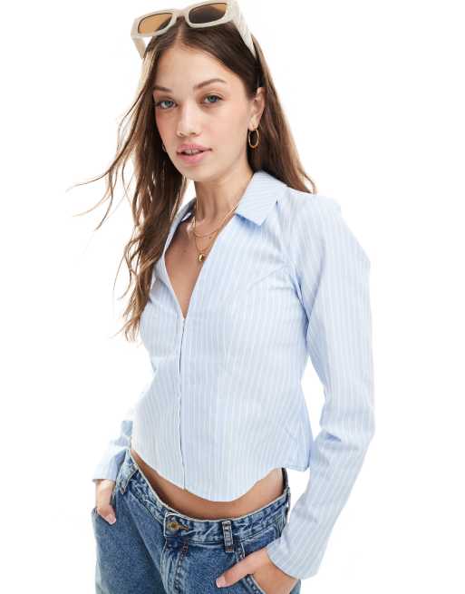 Miss Selfridge - Camicia aderente in popeline blu rigato