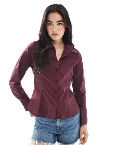 Miss Selfridge - Camicia aderente in popeline color fico - view 1