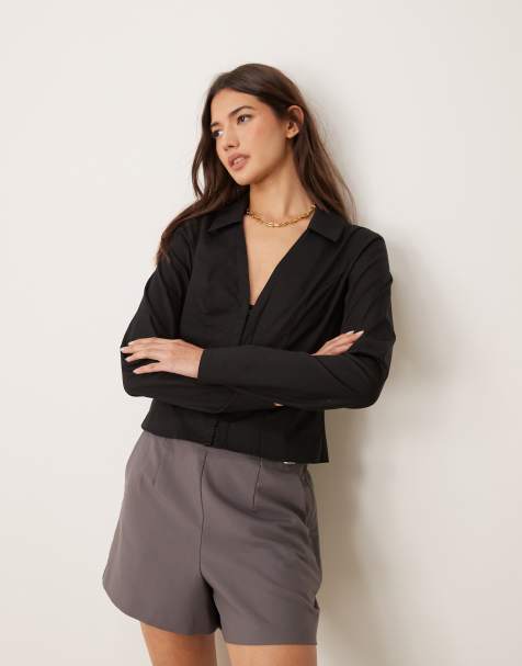 Miss Selfridge - Camicia aderente in popeline nera - view 1