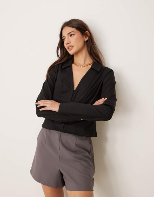 Miss Selfridge - Camicia aderente in popeline nera