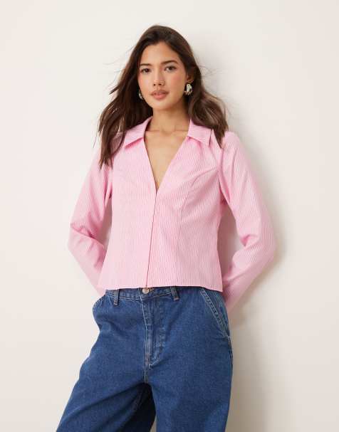 Miss Selfridge - Camicia aderente in popeline rosa rigato - view 1