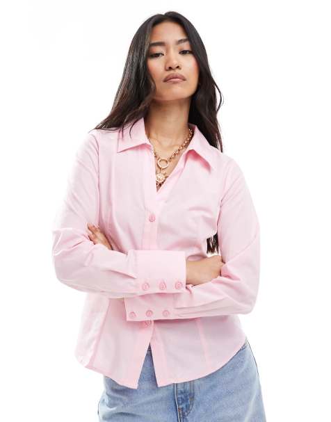 Miss Selfridge - Camicia aderente in popeline rosa - view 1