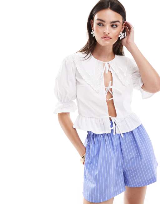 Miss Selfridge - Camicia bianca in popeline con colletto ricamato