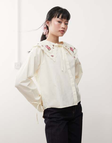 Miss Selfridge - Camicia color avorio con colletto ricamato - view 1