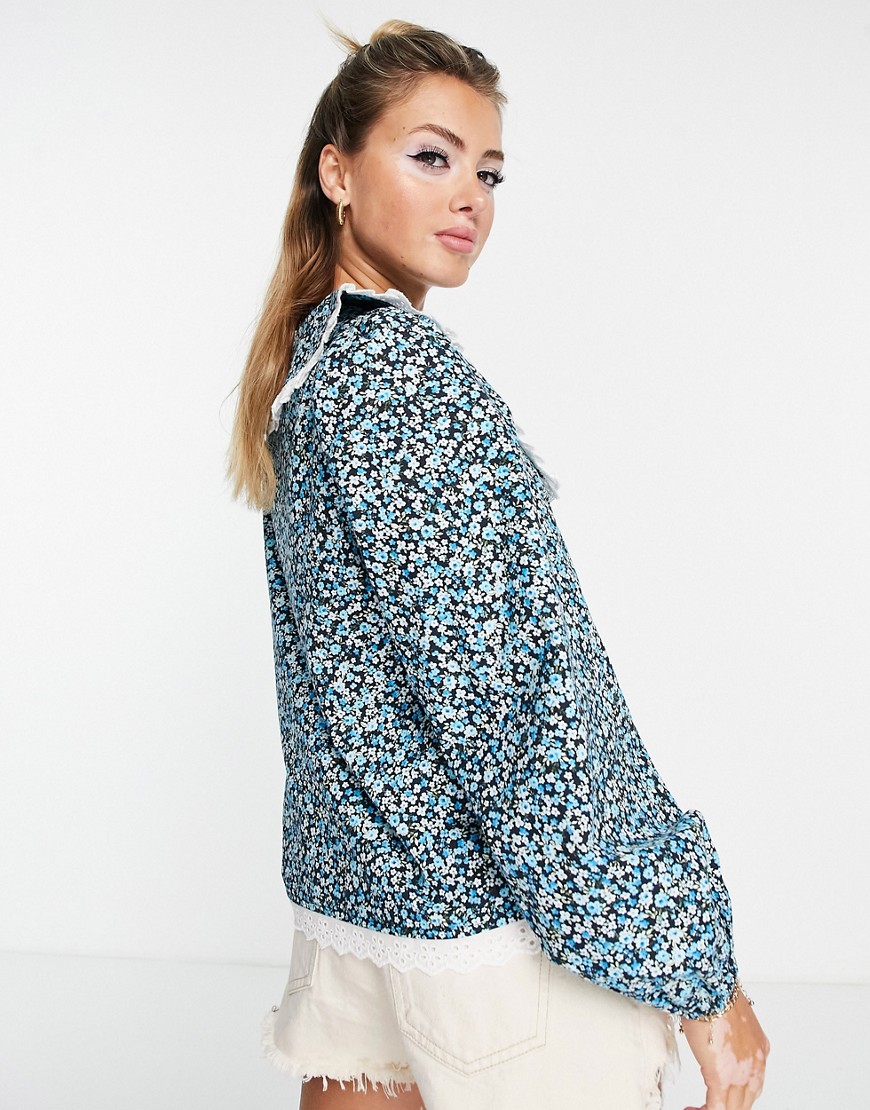 Camicia con colletto in pizzo e laccetti con stampa blu a fiorellini - Miss Selfridge Camicia donna  - immagine3