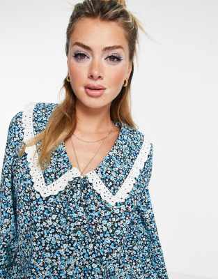 Camicia con colletto in pizzo e laccetti con stampa blu a fiorellini - Miss Selfridge Camicia donna  - immagine2