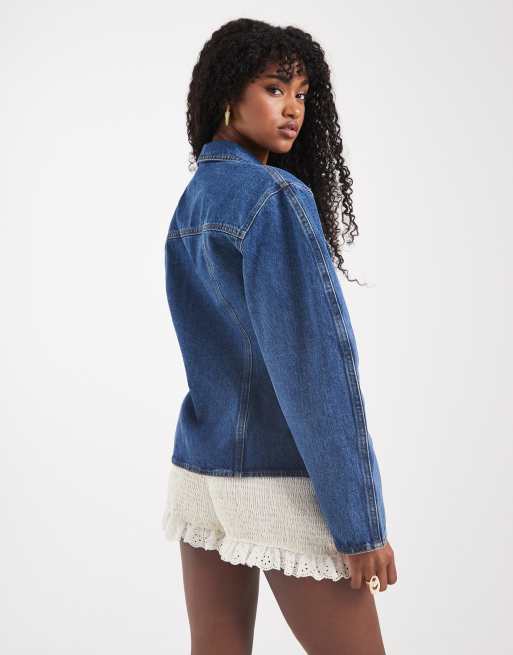 Miss Selfridge - Camicia di jeans aderente stile corsetto lavaggio medio, 3 di 4