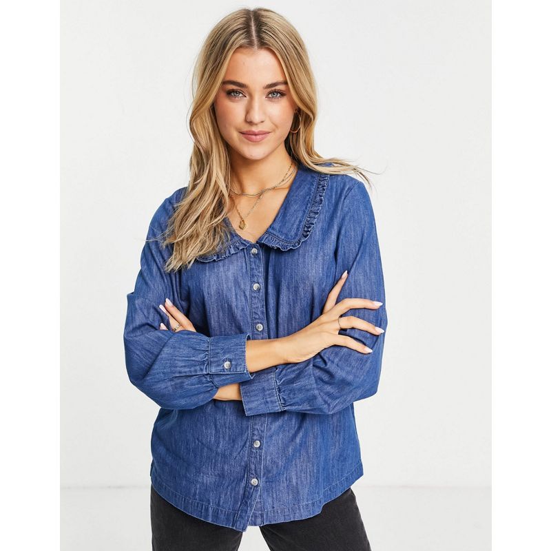 Top Camicie e bluse Miss Selfridge - Camicia di jeans taglio lungo blu con colletto con volant