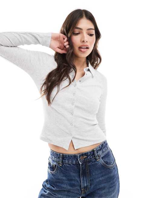 Miss Selfridge - Camicia grigio mélange a coste con bottoni