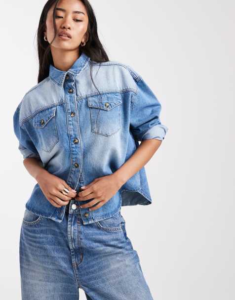 Miss Selfridge - Camicia in denim a maniche lunghe blu lavaggio sfumato - view 1
