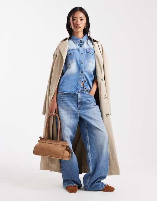 Miss Selfridge - Camicia in denim a maniche lunghe blu lavaggio sfumato , 2 di 4