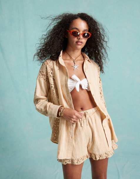 Miss Selfridge - Camicia in misto pizzo oversize beige in coordinato - view 1