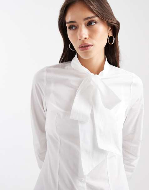 Miss Selfridge - Camicia in popeline bianca allacciata al collo - view 1