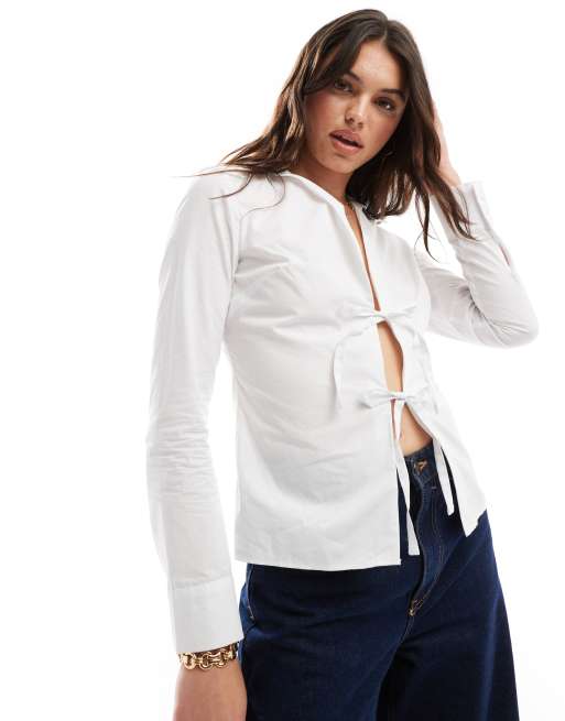 Miss Selfridge - Camicia in popeline bianca allacciata sul davanti