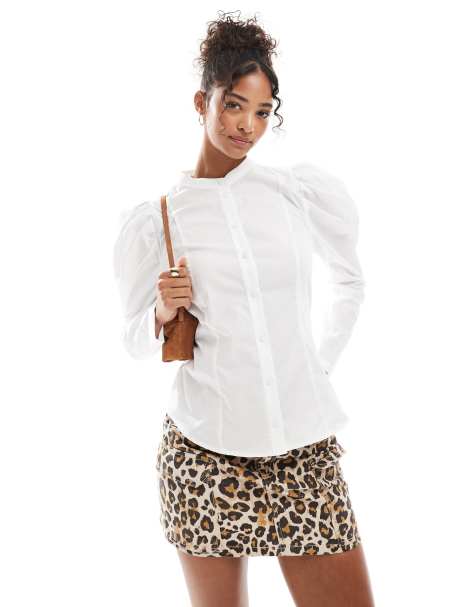 Miss Selfridge - Camicia in popeline bianca con maniche a sbuffo e stretta in vita - view 1