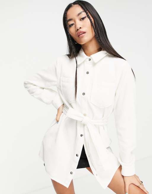 Miss Selfridge - Camicia in velluto a coste crema con cintura