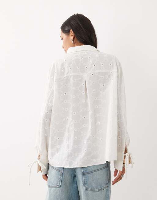 Miss Selfridge camicia oversize in pizzo sangallo color crema, 4 di 4