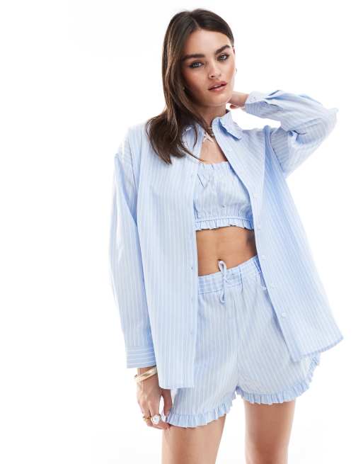 Miss Selfridge - Camicia oversize in popeline blu a righe con colletto in coordinato