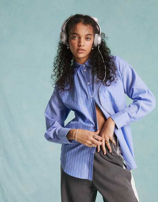 Miss Selfridge - Camicia oversize in popeline blu a righe miste 