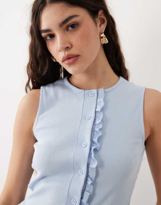 Miss Selfridge - Camiseta azul abotonada sin mangas con bajo de volantes, 3 de 4