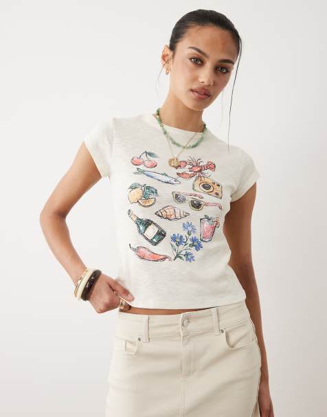 Miss Selfridge - Camiseta blanca con diseño encogido y estampado gráfico vacacional - view 1