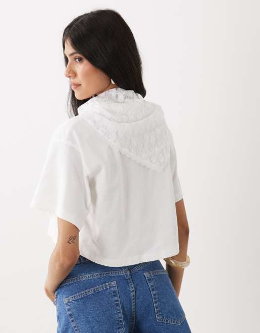 Miss Selfridge - Camiseta blanca de corte cuadrado con fular de encaje de algodón, 4 de 4