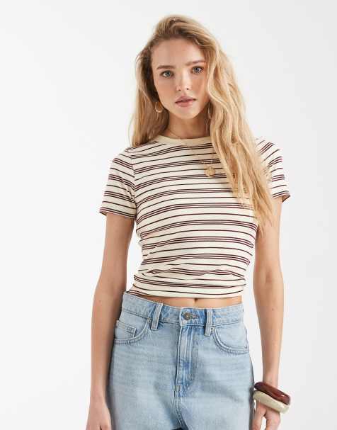 Miss Selfridge - Camiseta color crema y burdeos a rayas con diseño encogido - view 1