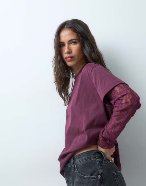 Miss Selfridge camiseta oversize con manga de encaje en higo, 3 de 5