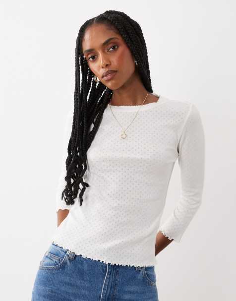 Miss Selfridge - camiseta pointelle de manga 3/4 en crema - view 1
