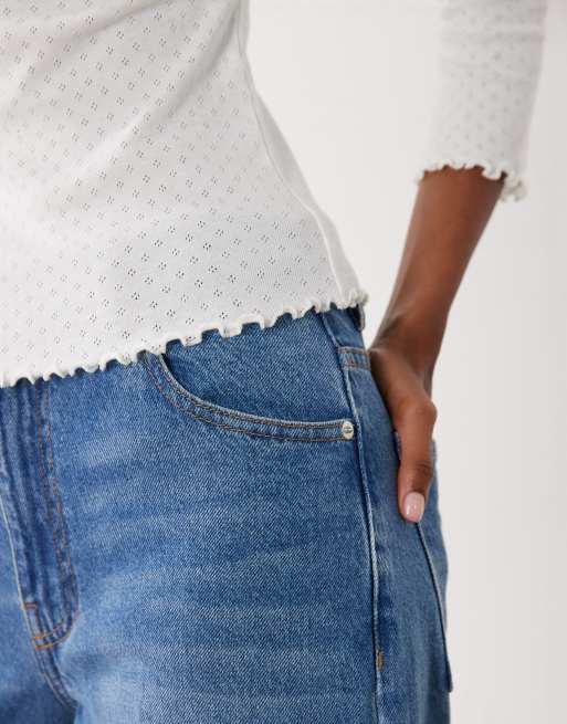 Miss Selfridge - camiseta pointelle de manga 3/4 en crema, 3 de 4