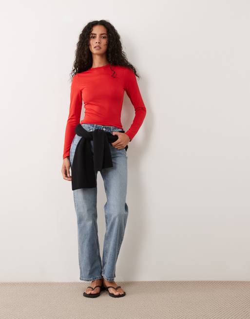 Miss Selfridge - Camiseta roja moldeada de manga larga, 2 de 4