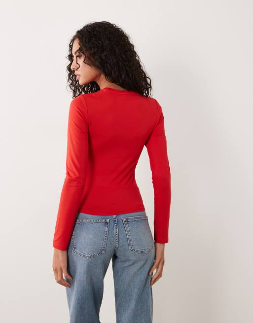 Miss Selfridge - Camiseta roja moldeada de manga larga, 4 de 4
