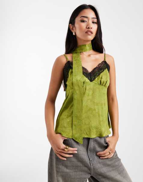 Miss Selfridge – Camisole aus Jacquard und Spitze in Grün mit Schal - view 1