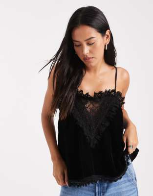 Miss Selfridge - Camisole-Oberteil aus Samt und Spitze in Schwarz