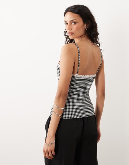 Miss Selfridge – Camisole-Oberteil mit Vichy-Karo und Spitzenborte, Kombiteil, 4 von 4