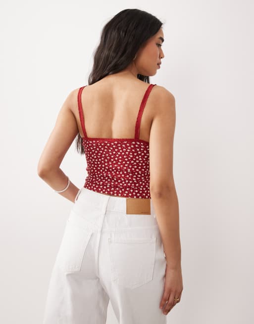 Miss Selfridge - Camitop met fijne print en ruches in rood, 2 van 4