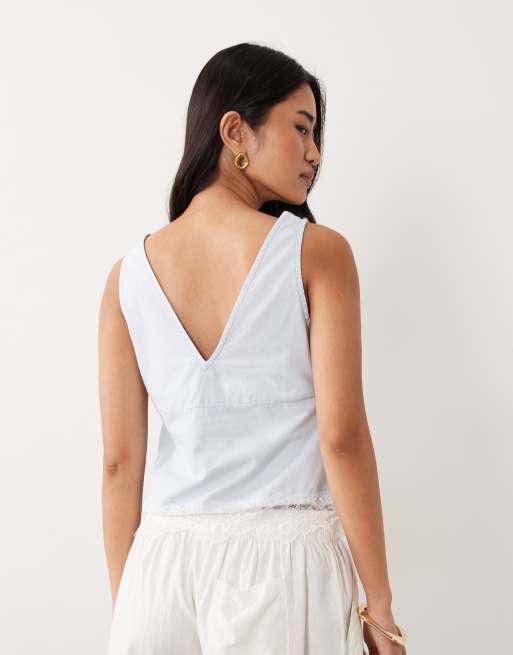 Miss Selfridge - Camitop van chambray met kant in lichtblauwe wassing, 4 van 4