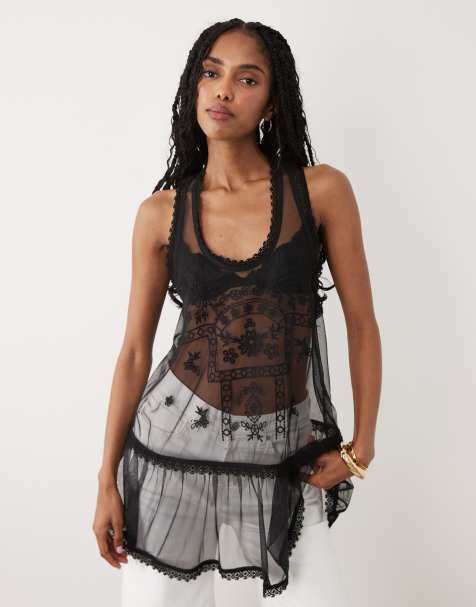 Miss Selfridge - Camitop van mesh met borduursel in zwart - view 1