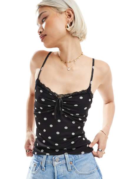 Miss Selfridge - Canotta a pois con bordo in pizzo - view 1