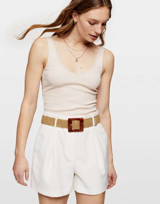 Miss Selfridge - Canotta color sabbia con bordi in pizzo