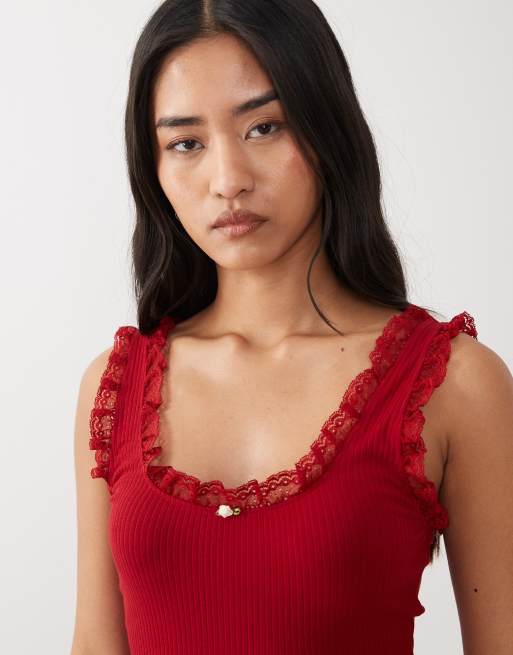 Miss Selfridge - Canotta rossa a coste con dettagli in pizzo