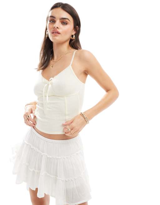Miss Selfridge - Canottiera color avorio con finiture in pizzo e fiocco