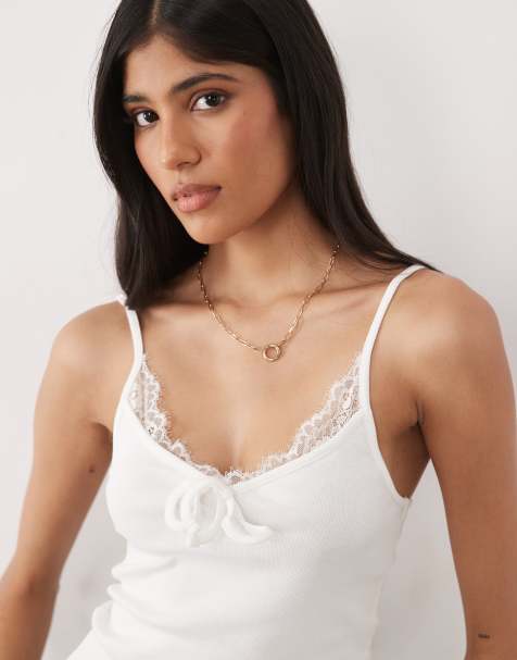Miss Selfridge - Canottiera color crema a coste con finiture in pizzo - view 1