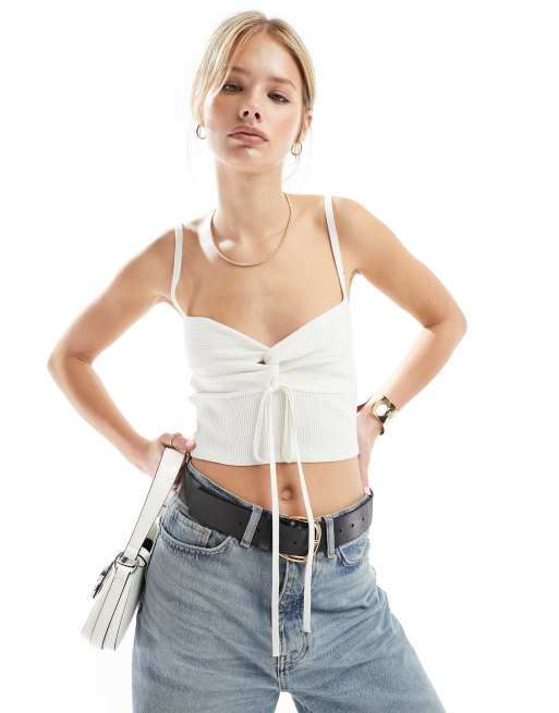 Miss Selfridge - Canottiera in maglia color crema a coste con incrocio
