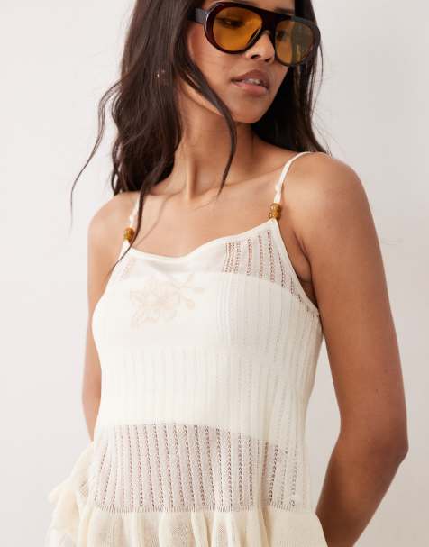 Miss Selfridge - Canottiera in maglia trasparente color crema ricamata - view 1