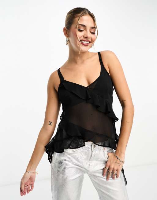 Miss Selfridge - Canottiera nera in chiffon con volant