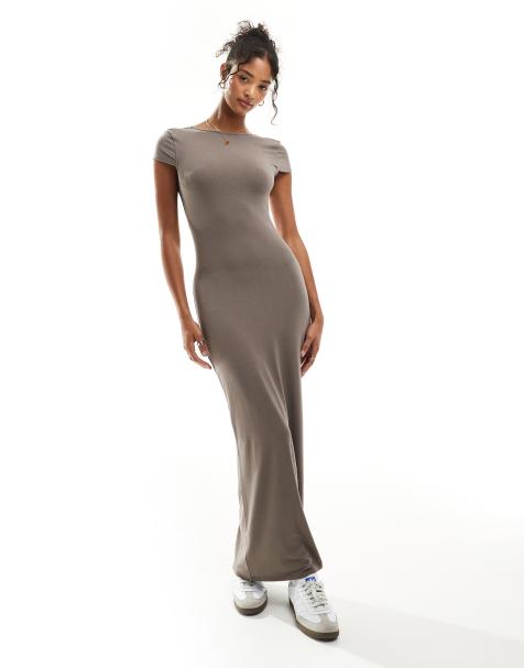 Miss Selfridge cap sleeve backless maxi dress in neutral - view 1